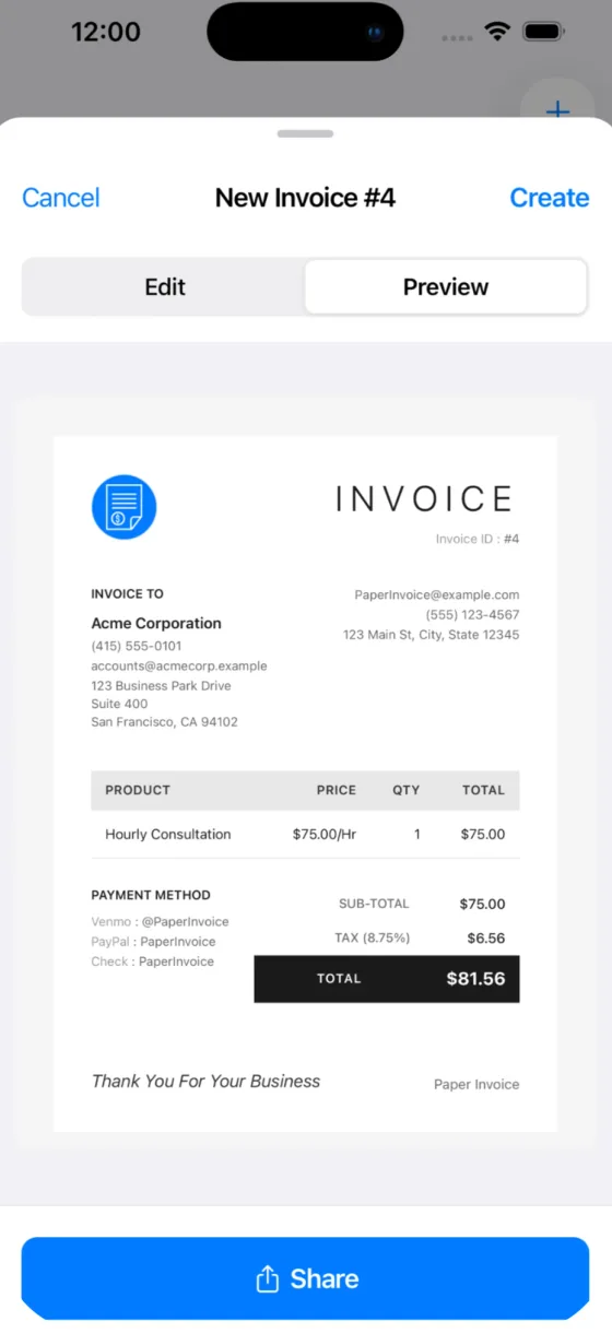 Professional invoices. A PDF preview with a Share button for email, text or AirDrop.
