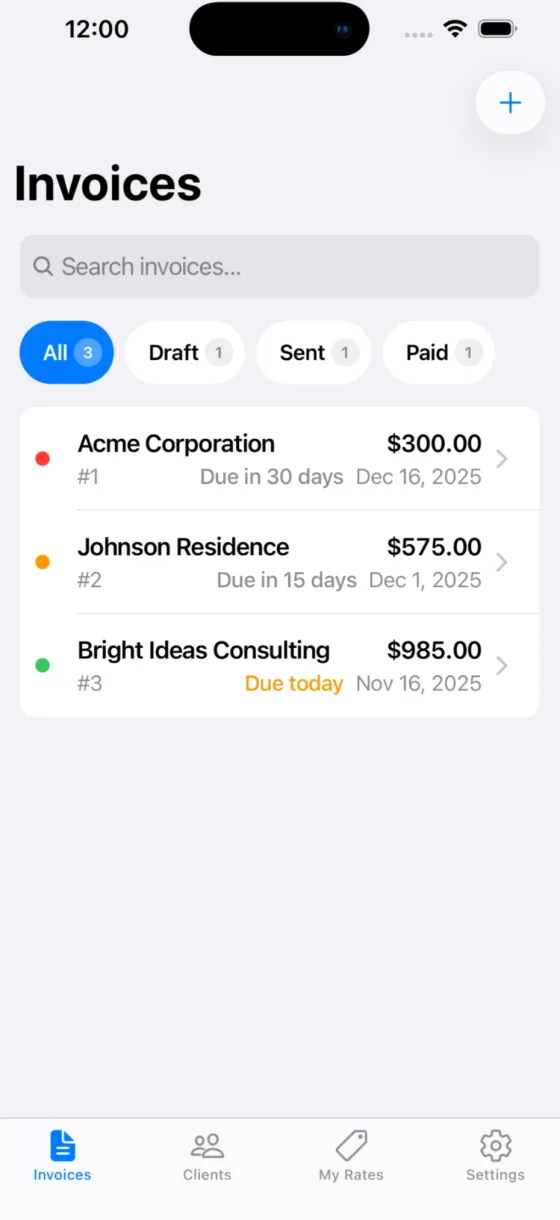 Stay organized. Invoices filtered by draft, sent and paid, with what is due today.