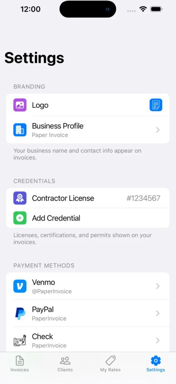 Your brand. Logo, business profile, contractor license and payment methods.